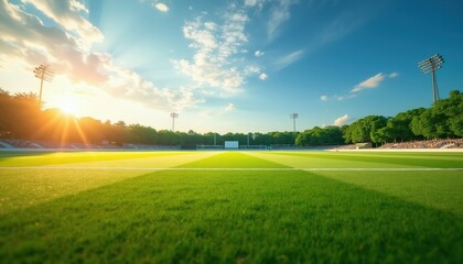 Naklejka premium Sports stadium field with rich green grass, bright sun rays, stadium lights, and spectators in stands. Outdoor arena for competition and athletic events with blue sky.