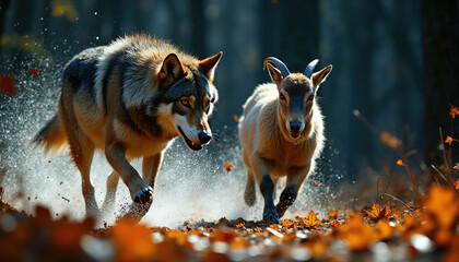 Obraz premium Wolf chases goat through autumn woods. Animals run past fallen leaves kicking up dirt and debris. Predator and prey in motion, wild nature scene.