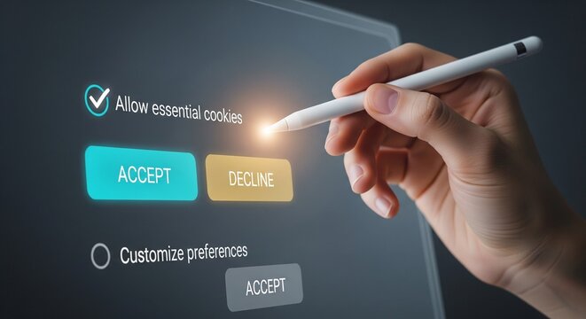 Hand using stylus on screen with cookie consent popup, essential cookies allowed