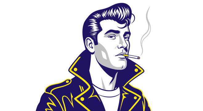 Retro 1950s Man Smoking Cigarette in Leather Jacket, Rockabilly Style