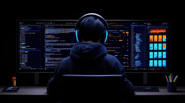 Young Programmer Working on Code on Multiple Monitors in Dark Room