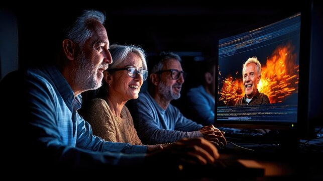 Senior People Watching Digital Media Content on Computer Screen
