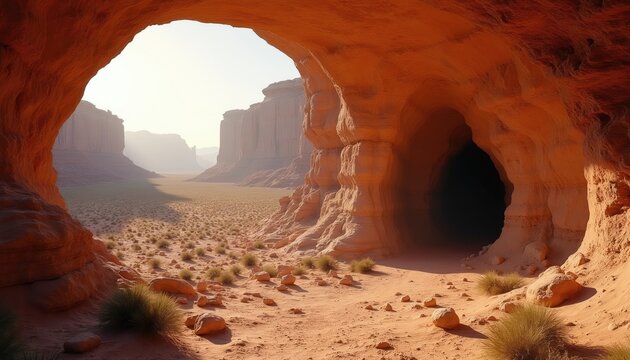 Arched cave entrance opens to vast desert canyon landscape. Sandstone cliffs rise under clear sky. Dry arid terrain with sparse scrub and rocks.