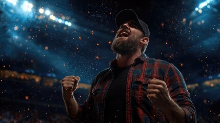 Naklejka premium Excited Bearded Man Cheering at a Stadium