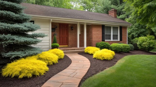 Charming suburban home with vibrant yellow shrubs, green lawn, and inviting front steps surrounded by lush trees and landscape in peaceful neighborhood setting