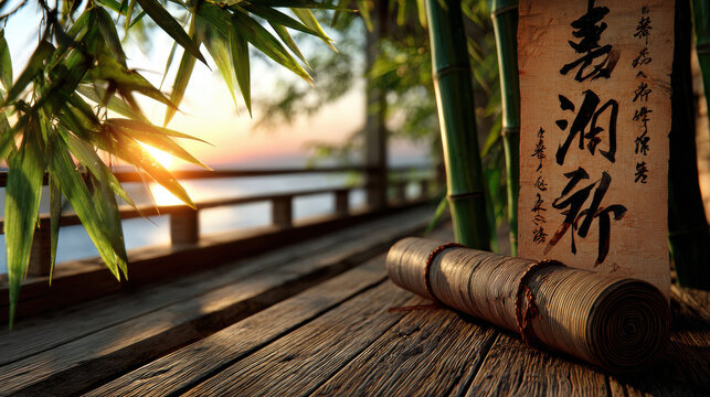 Beautiful scene showcases bamboo and scroll featuring Chinese script on light wood, evoking sense of heritage and tranquility