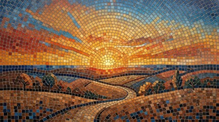 Obraz premium Mosaic art depiction of golden sunset landscape with rolling hills and clear horizon lines.
