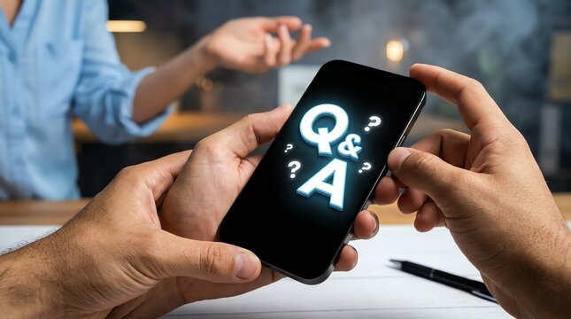 Hands holding a smartphone displaying the letters Q and A, symbolizing questions and answers