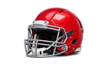 Fototapeta premium A red football helmet with a clear faceguard. The helmet has a shiny finish and is positioned against a light gray background.