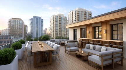 Obraz premium Elegant rooftop terrace with modern furniture and city skyline view at sunset, perfect for outdoor gatherings and relaxation in urban settings
