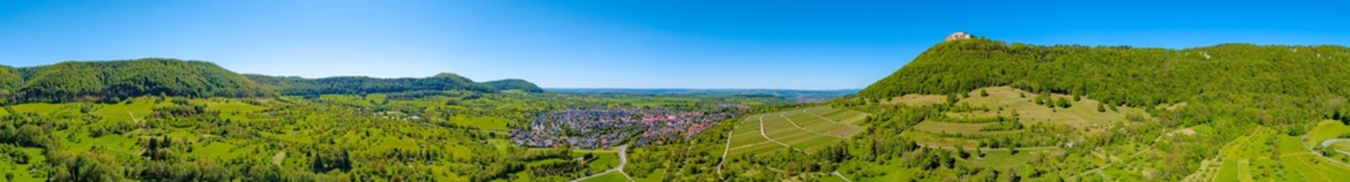 Panoramic view of Neuffen and Hohenneuffen on the Swabian Jura escarpment in spring, Baden-W&uuml;rttemberg, Germany