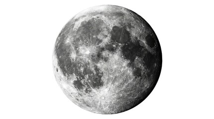 Naklejka premium Full moon isolated on white background with clear craters showing detailed lunar texture.