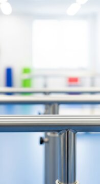 Close-up of sturdy metal parallel bars in a bright rehabilitation clinic, focusing on the grip and smooth surface for physical therapy, health, treatment, hospital