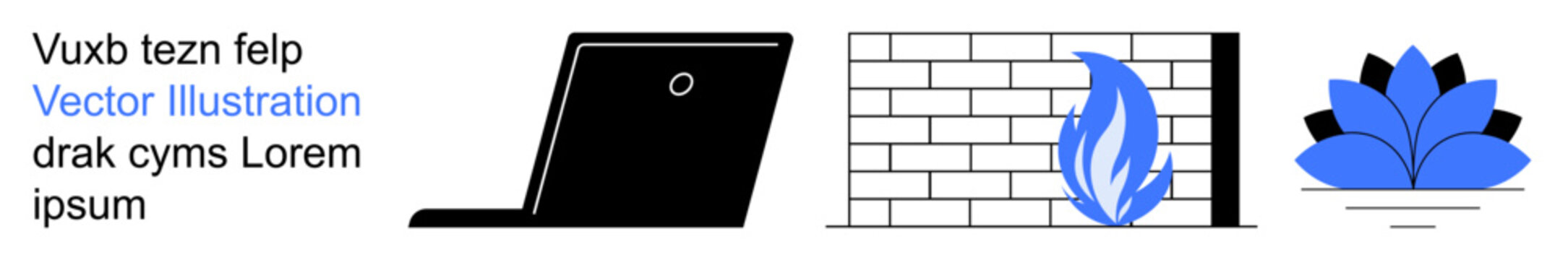 Technology, data security, mindfulness, online safety, system protection, personal growth. Laptop, firewall flame and lotus flower symbols. Technology and data security concepts
