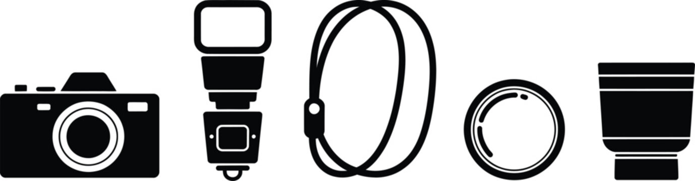 Dslr camera gear line art collection showing body flash speedlight wrist strap glass lens and filter.