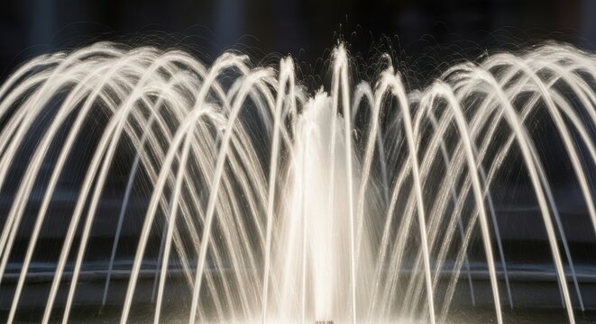 Long exposure fountain capturing dynamic water jets transformed into silky motion streams creating artistic abstract fluid effect with soft glowing highlights