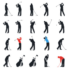 Fototapeta premium Golfer Silhouettes: Action Poses and Golf Bag Icon