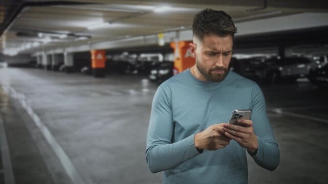 Man holding smartphone and tapping screen with thumb while standing in a parking building, beard visible in teal long sleeve shirt and focused expression; concern.