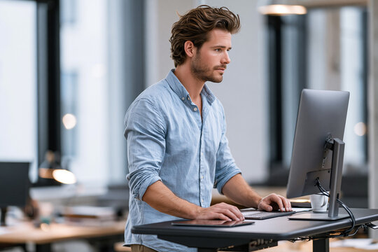 Man working at a standing desk in a modern office space during daytime