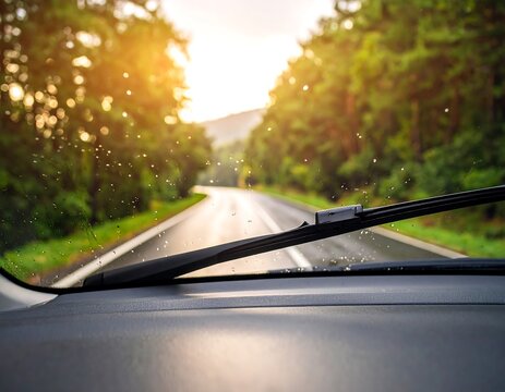 View from inside a vehicle as windshield wipers clear raindrops. A winding, wet road ahead is framed by trees, with sunlight shining