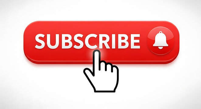 Red subscribe button with hand cursor and bell icon isolated on white background