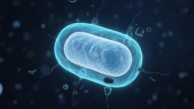 Cinematic microscopic rendering of a single, glowing capsule-shaped cell, highlighting cellular defense mechanisms and the crucial role of INTERFERON