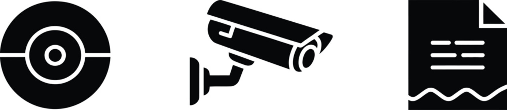Security and surveillance equipment icons featuring camera disk and official document receipt paper.