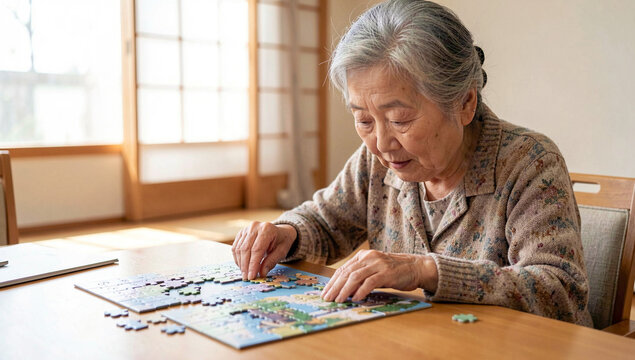 This image captures the moment of an old Asian woman deeply focused on completing her jigsaw puzzle. Her attention to detail and determination are evident