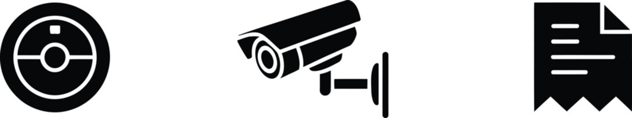 Industrial monitoring and documentation icons showing dome sensor security camera and jagged receipt. © Iconic lab 