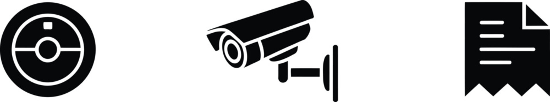 Industrial monitoring and documentation icons showing dome sensor security camera and jagged receipt.