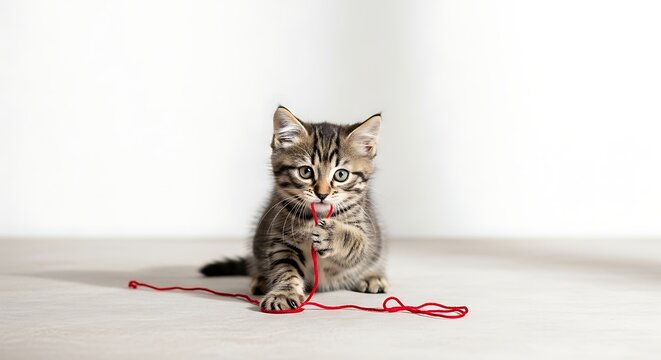 A small, adorable tabby kitten is playing with a red string on a light-colored floor with a white background.