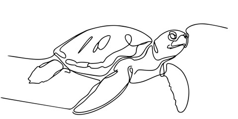 Sea Turtle Line Art, Minimalist continuous-line drawing of a sea turtle in profile view, symbolizing nature, ocean life, and fluidity © Sa_e