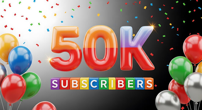 Celebratory 50k subscribers graphic with colorful balloons and confetti