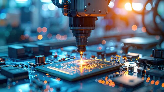 Industrial robot arm creating electronics component on a circuit board