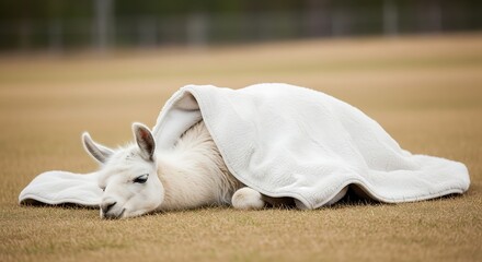 Fototapeta premium A fluffy white llama is resting comfortably on a grassy field, covered by a soft white blanket.