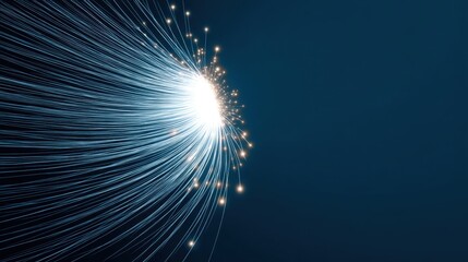 Obraz premium Abstract illustration of dynamic light trails with glowing particles on a deep blue background representing motion and energy in a modern digital aesthetic