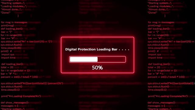 Digital Protection Loading Bar with Neon Red Border and White Progress Indicator on Dark Code Background Keywords: digital, protection, loading, bar, progress, indicator, neon, red, border, white
