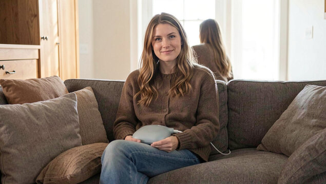 A young actress sitting on a couch with a serious expression.