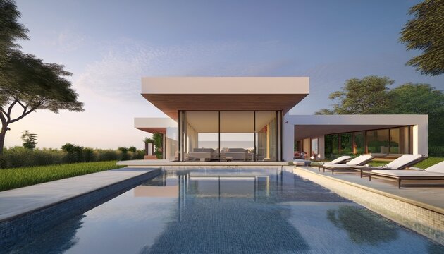 view of swimming pool and modern home exterior 3d rendering