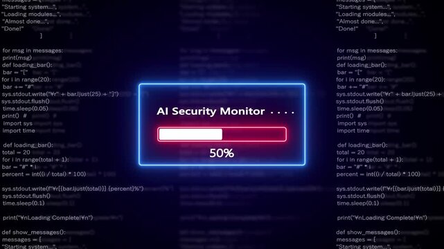 AI Security Monitor Progress Bar Loading Screen with Glowing Neon Blue Border and Red Progress Indicator on a Dark Background Filled with Scrolling Code Lines and Text Snippets Representing a