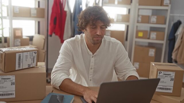 Man checking watch and typing on laptop among shipping boxes and labels in a packing building; relief productivity efficiency.