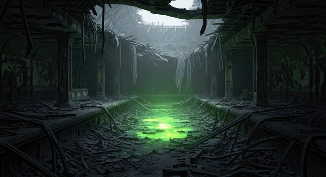 Abandoned Industrial Dark Room Interior Scene.