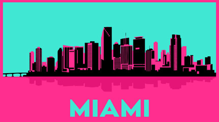 Fototapeta premium Miami Skyline Illustration in Neon Pink and Cyan with Reflection, Modern Retro Cityscape Vector