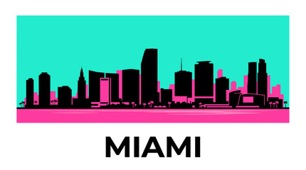 Fototapeta premium Miami Skyline Neon Style Vector, Retro Pop City Silhouette, Night Urban Landscape, Vibrant Color Cityscape Illustration