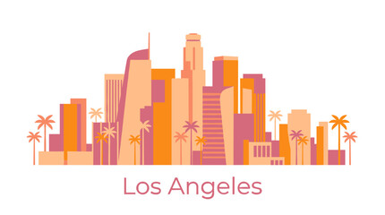 Fototapeta premium Los Angeles Skyline Illustration in Warm Orange and Pink Gradient with Palm Trees, Minimal Cityscape Vector
