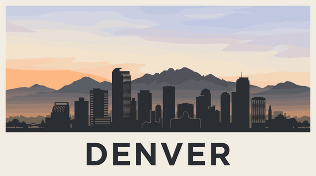 Minimalist Denver skyline silhouette with Rocky Mountains background at sunset, modern flat vector cityscape illustration, warm pastel colors, clean design