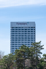 Naklejka premium Toronto, Canada - April 26, 2026: Foresters headquarters building on Don Mills Road in Toronto. Foresters Financial is an international financial services provider.