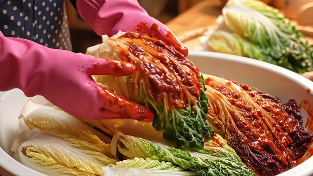 Hands in pink rubber gloves rubbing spicy red pepper paste onto napa cabbage leaves to make traditional Korean kimchi in a large bowl