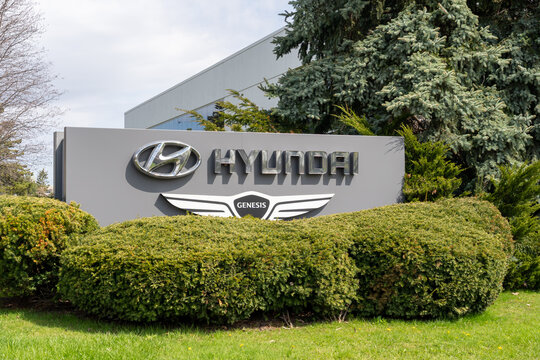 Markham, Ontario, Canada - May 3, 2026: Hyundai sign at their Canadian headquarters is shown in Markham, Ontario, Canada. Hyundai is a South Korean multinational automotive manufacturer.