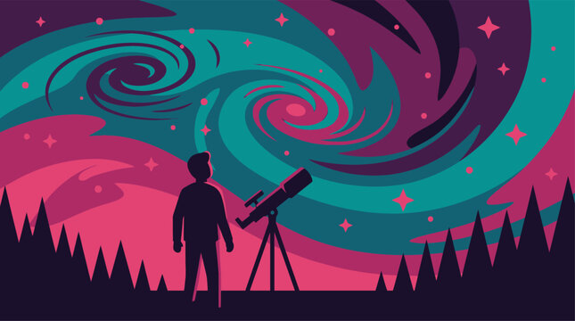 Silhouette of an astronomer with a telescope observing a swirling pink and teal galaxy, vector illustration.